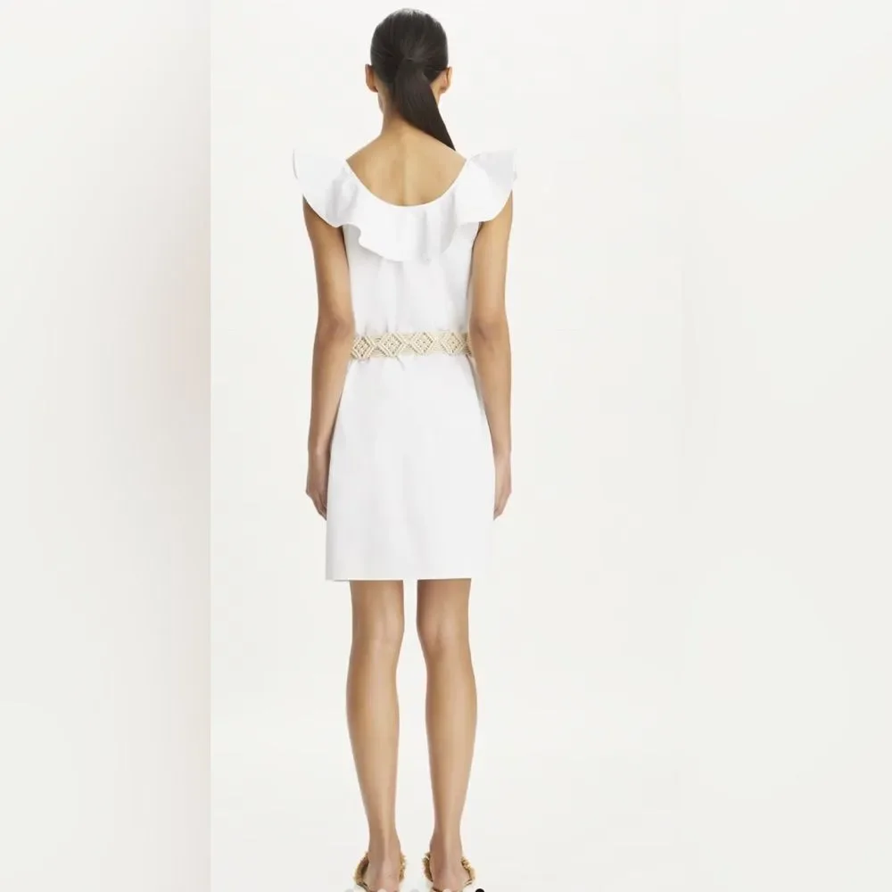 Tory Burch NWOT White flounce Dress with Woven Belt  size 2